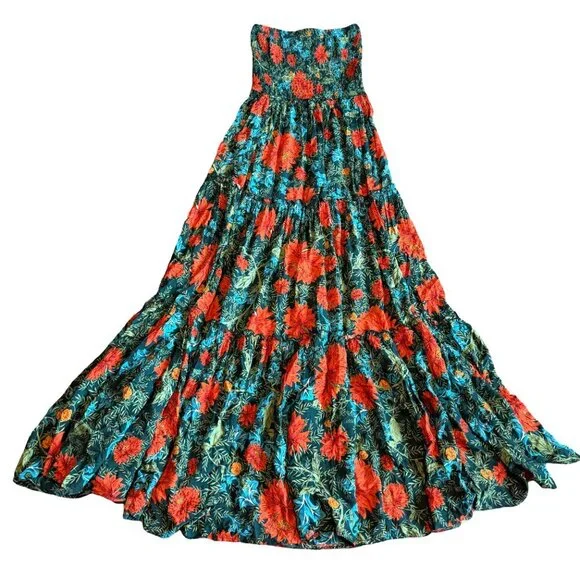 Abel the Label Green Red Strapless Dress Floral Print Maxi Length Size Small - Picture 7 of 10